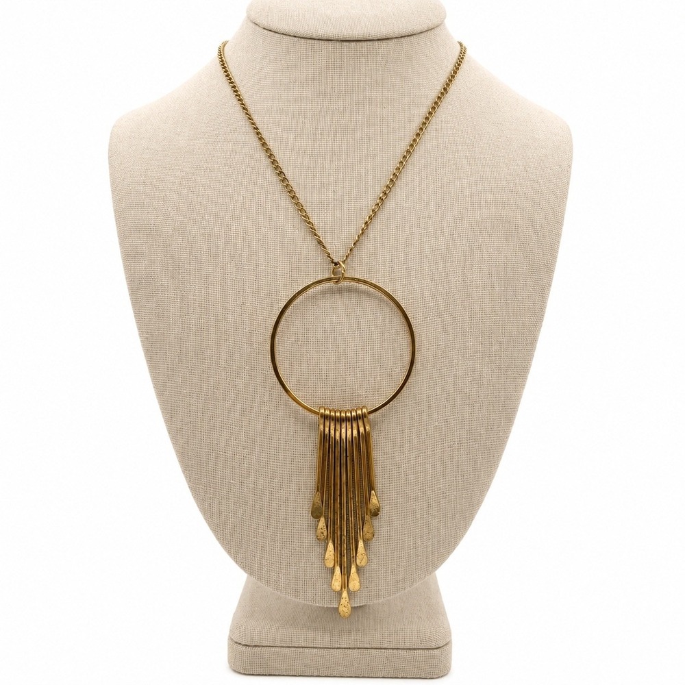 Vintage Gold Tone‎ Circle Fringe Pendant Necklace Statement Boho Long Chain